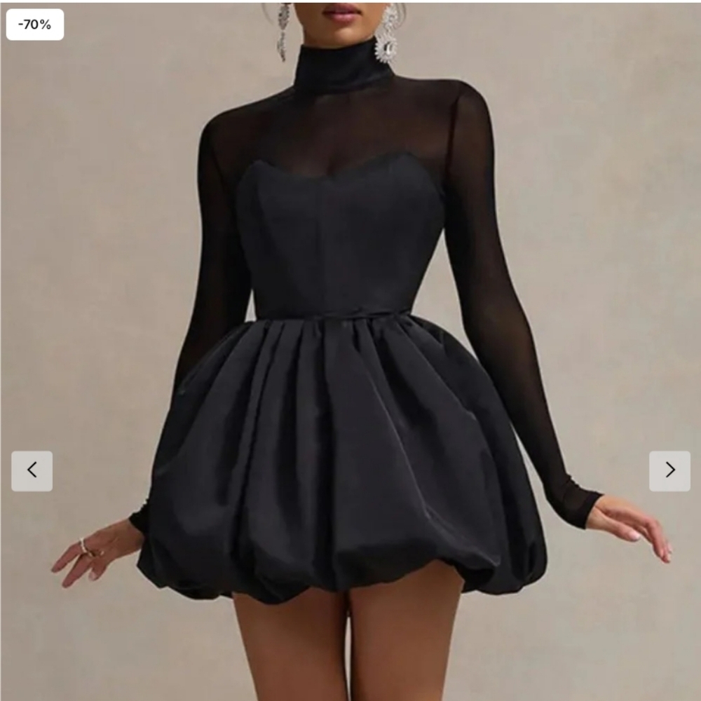 *Sunfere Black Mesh Puff Skirt Dress High Neck Long Sleeve Mini Size Small NWT